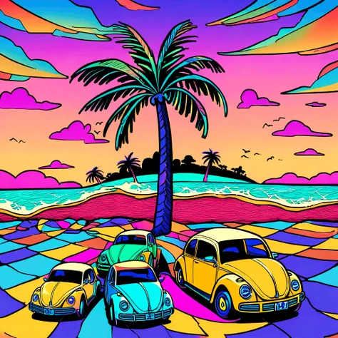 sticker design, Yellow VW Beetle Gladiator Gravity,  sunset background, palmtrees, 5 layers of color, Beach by the Sea,