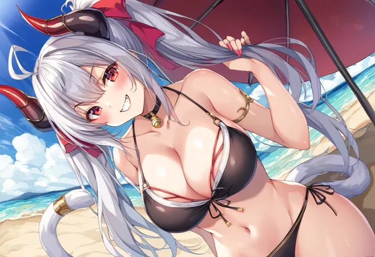 (red cat eyes)、独奏,Silver hair、(twin tail hair:1.5)、（DEMON horns）、Japanese Feng Shui、Summer Sea、Sandy Beach、evil grin、BIG breast、