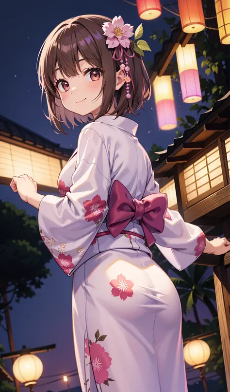 (One girl)、smile、From below、Turn around、Light purple floral yukata、Pink obi、Summer Festival at Night、Dark brown short hair、Dark brown eyes