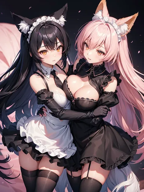 2 Beautiful anime woman with fox ears and tail (wearing maid dress, black stockings, and short black gloves) while the other beautiful anime woman with fox ears and tail (wearing maid dress, black stockings, and short black gloves) is standing behind her a...