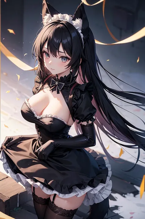 Beautiful anime woman with wolf ears and tail (wearing maid dress, black stockings, with long black elbow gloves) with her glove holding her breasts