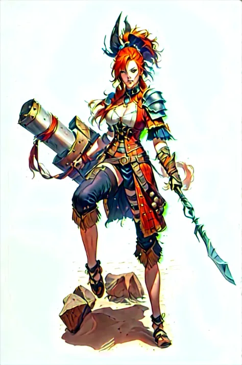 a woman with red hair, a very beautiful berserker woman, a pioneering barbarian pirate, wearing warrior leather armor, wearing left eye patch, Marvel-style super villain, 8K, better quality and full body in the image, walking on the beach.