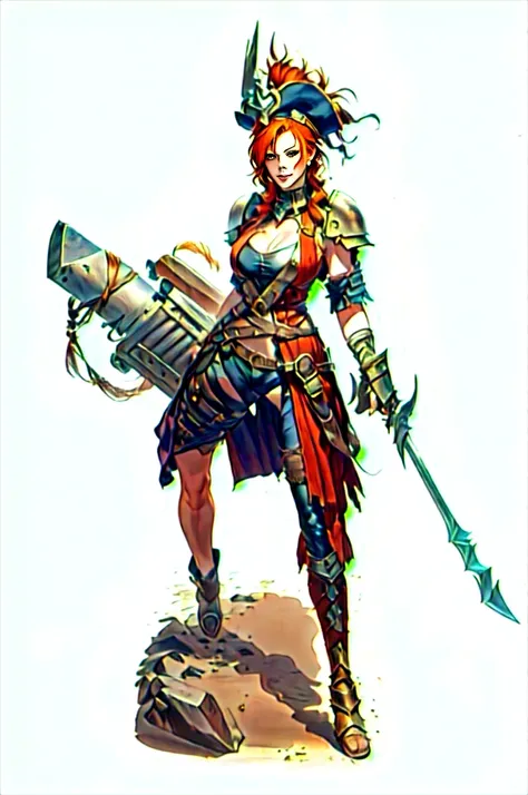 a woman with red hair, a very beautiful berserker woman, a pioneering barbarian pirate, wearing warrior leather armor, wearing left eye patch, Marvel-style super villain, 8K, better quality and full body in the image, walking on the beach.