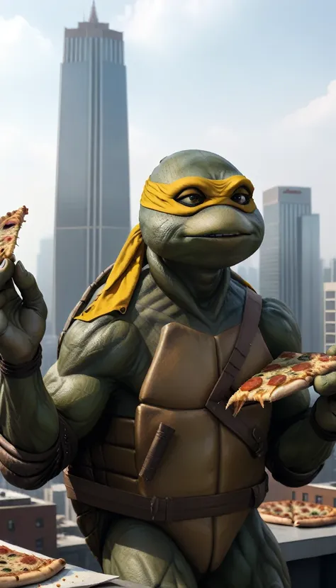 close-up, tmntmichaelangelo, a teenage mutant ninja turtle, eating a slice of pizza, wearing yellow bandana mask with eye-holes,...