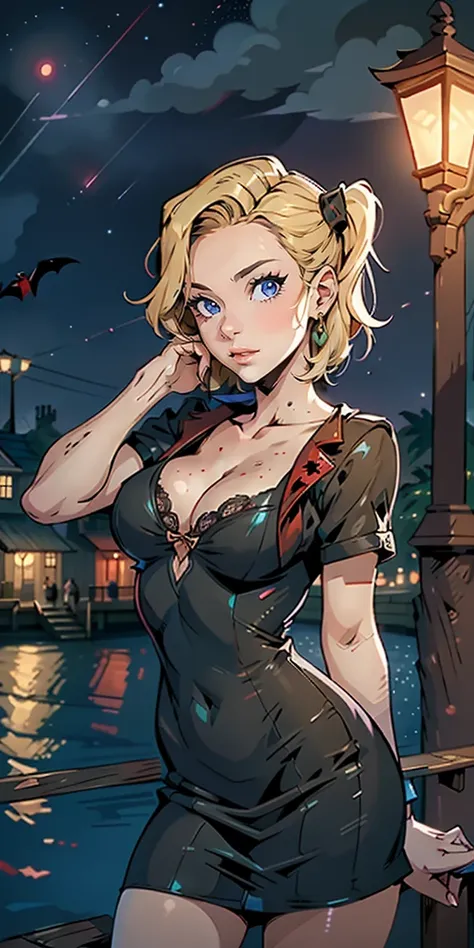 vampire,(night),blood,victorian,dress,artificial light,lamppost,docks,cleavage,hand on face,fangs,licking,freckles,bridge,body freckles,looking at viewer, harley quinn