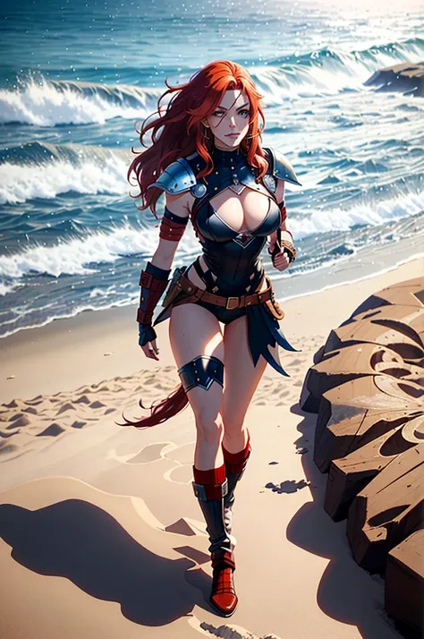 a woman with red hair, a very beautiful berserker woman, a pioneering barbarian pirate, wearing warrior leather armor, wearing left eye patch, Marvel-style super villain, 8K, better quality and full body in the image, walking on the beach.