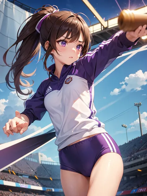 girl, brown hair tied in two, purple eyes, wear uniform, her hair is tied. strong girl, intrepid, sports uniform, domination type, her hair is two ponytails, girl who loves sports, intrepid, punch, thug, Track and Field Club