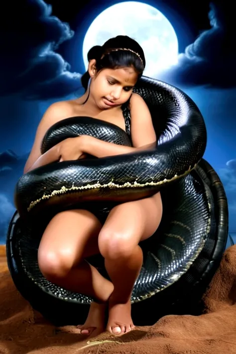  Pregnant Happy Horny, aroused 1girl), beautiful kneeling Indian  young teen girl with  giant colossal black titanboa squeezing her hard, wrapped in thick spiraling coils, constricted, struggle, gasping for air, snake attack, snake peril, moonless night, d...