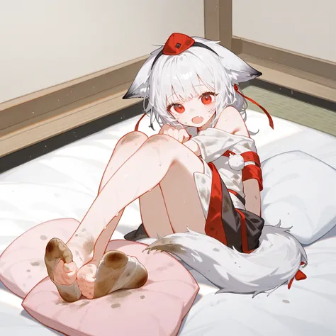 1 girl,dirty,foot,foot底,Red Eyes，breast,solitary,Long hair,White hair,,foot趾,foot部焦点,Looking at the audience,sit,Sweat,open mouth,dirty foot,Keep,indoor,Pillow,Bangs，White knee socks，Fox ears，There&#39;foot的泥土，White clothes，kimono，Japanese style，dirtyPillo...