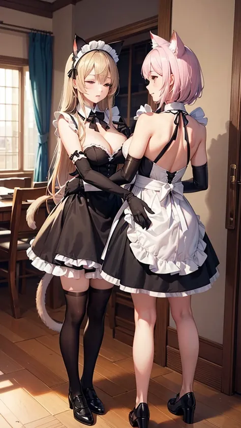 2 Beautiful anime woman with cat ears and tail (wearing maid dress, black stockings, elbow gloves, black gloves) while the other beautiful anime woman with cat ears and tail (wearing maid dress, black stockings, black gloves) is standing behind her and hol...