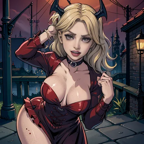 vampire,(night),blood,victorian,dress,artificial light,lamppost,docks,cleavage,hand on face,fangs,licking,freckles,bridge,body freckles,looking at viewer, harley quinn