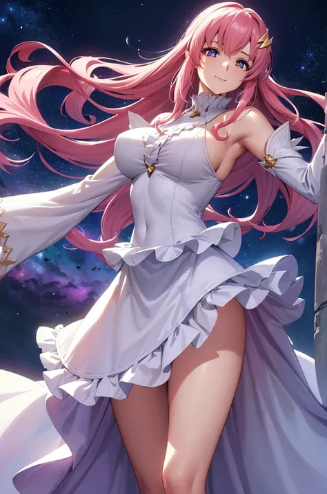 (masterpiece:1.3), (best quality:1.1), (8k, ultra detailed, ultra high res:1.2), ((anime style)), perfect 5 fingers, perfect anatomy, 
1girl,
BREAK long hair, 
pink hair, 
purple eyes,  
long dress, white dress, long sleeve, frill, frill skirt, detached sl...