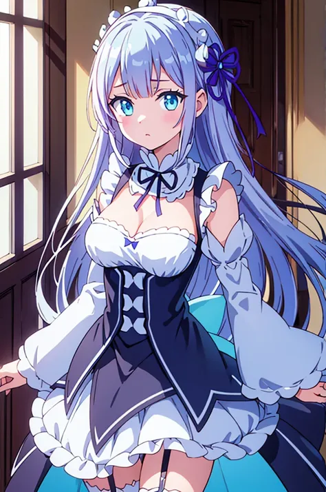 emilia,re:zero,aqua eyes, roswaal mansion maid uniform,, white lab coat, Garter,