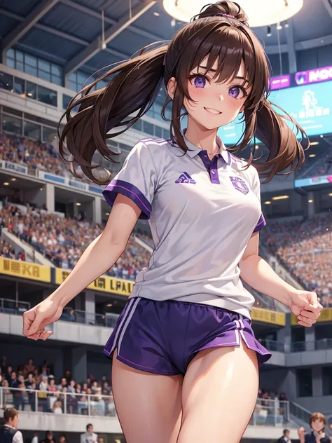 girl, brown hair tied in two, purple eyes, wear uniform, her hair is tied. strong girl, intrepid, sports uniform, domination type, her hair is twins ponytails, girl who loves sports, intrepid, punch, thug, Track and Field Club, smiled proudly