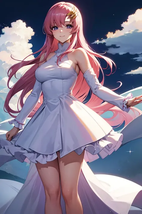 (masterpiece:1.3), (best quality:1.1), (8k, ultra detailed, ultra high res:1.2), ((anime style)), perfect 5 fingers, perfect anatomy, 
1girl,
BREAK long hair, 
pink hair, 
purple eyes,  
long dress, white dress, long sleeve, frill, frill skirt, detached sl...