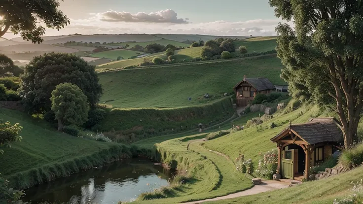 Create a wide landscape image of the Shire from The Lord of the Rings. The scene should include rolling green hills, cozy Hobbit homes with round doors, lush gardens, winding paths, and a peaceful river. The atmosphere should be serene and idyllic, capturi...