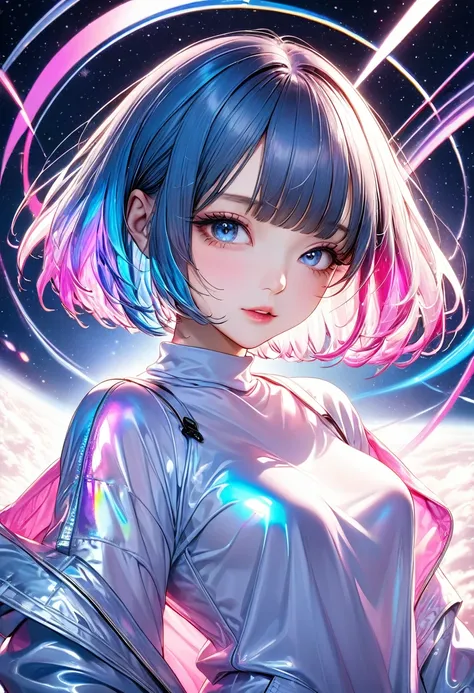 best quality, super fine, 16k, incredibly absurdres, extremely detailed, 2.5D, delicate and dynamic depiction, pop art drawn only in fluorescent light blue, fluorescent pink and iridescent, cool beauty, bob cut with blunt bangs, attractive and seductive ex...