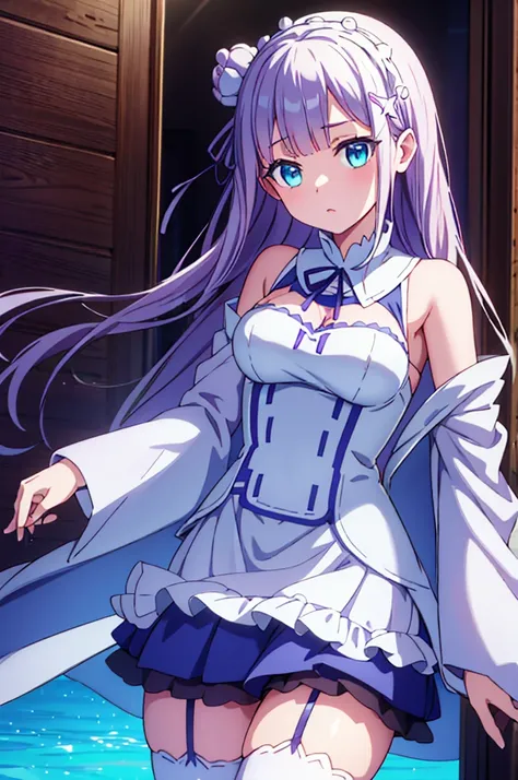 emilia,re:zero,aqua eyes, roswaal mansion maid uniform,, white lab coat, Garter,