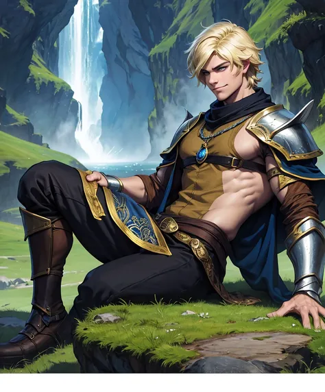 (((Luxurious shoulder length blond hair and sexy smirk.))) (((18 years old.))) (((18yo.))) (((Cute smirk.))) (((Single character image.))) (((1boy)))score_9, score_8_up, score_7_up, (((Design a sexy male fantasy character, dressed in traditional fantasy at...