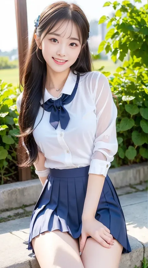 (Highest quality、Ultra-high resolution、８ｋ、masterpiece:1.3)、Beautiful woman with perfect figure:1.4、Black Hair、(((((School Uniform))))、Big eyes、派手な、（high school girl）、(Navy blue pleated skirt)、Ultra mini skirt、A beautiful woman、Schoolカバン、Highly detailed fac...