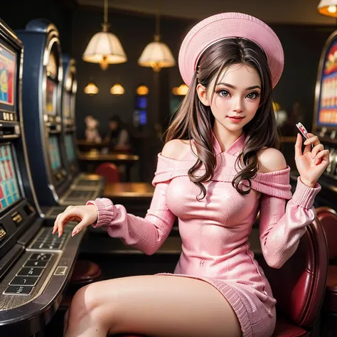 ((best quality)), ((masterpiece)), (detailed), 1girl, off-shoulder sweater,  vietnam girl work in casino, playing poker, slot ma...