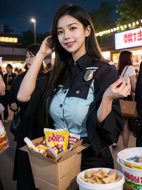 A lively night market. Female police officer, Carry snacks, And her face is full of joy and satisfaction、Huge 