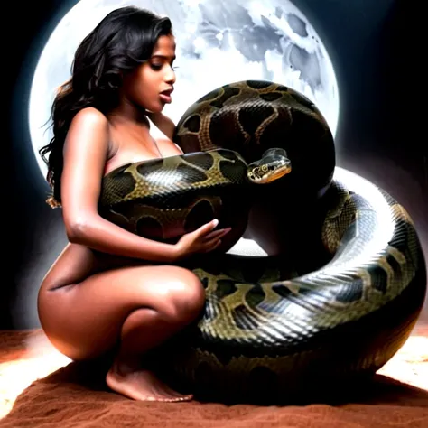 Pregnant   Happy Horny, aroused 1girl), beautiful kneeling Indian young teen girl  with  giant colossal black titanboa squeezing her hard, wrapped in thick spiraling coils, constricted, struggle, gasping for air, snake attack, snake peril, moonless night, ...