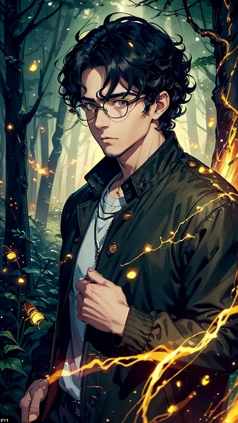 ((masterpiece, best quality)), ((anime man in dark forest with many fireflies, vibrant coloring)) (1man, mature), (solo, half body), (male focus, mature male), (black hair, curly hair),yellow eyes, detailed eye, ((black coach jacket, glasses)), portraits, ...