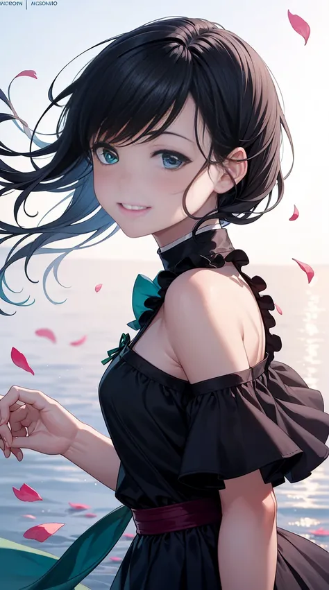 One beautiful and delicate portrait of a playful cute girl with short boyish hair, black hair, emerald green sea, mischievous smile, dancing petals, (top quality, masterpiece, ultra-realistic) and petals floating in the background