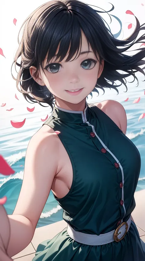 One beautiful and delicate portrait of a playful cute girl with short boyish hair, black hair, emerald green sea, mischievous smile, dancing petals, (top quality, masterpiece, ultra-realistic) and petals floating in the background