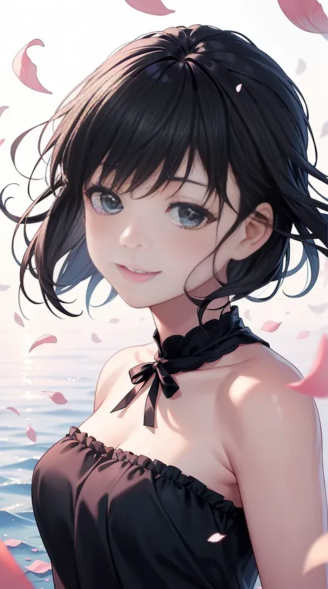 One beautiful and delicate portrait of a playful cute girl with short boyish hair, black hair, emerald green sea, mischievous smile, dancing petals, (top quality, masterpiece, ultra-realistic) and petals floating in the background