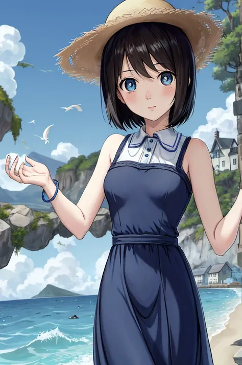 (masterpiece)、Highest quality、Ultra-high resolution、in front_Misaki、Short Hair、cute、Black long dress、Cobblestone Street、Lonely face、blue sea、Beautiful Landscape、Straw hat、View your viewers、Wave one hand、The blazing sun、beautiful girl、Blue sky、Blue Water、Ho...