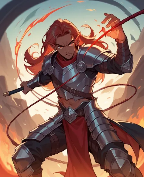 Female and Male,pierced pointed ears,white and Red long hair,one orange eyes one blue eye,broken red and black armour,dark magic,dark expression,fire whip,dark sword,on a battlefield