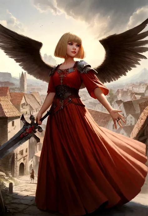 1 girl, fantasy, 30 years, she is wearing red long skirt, she has blond bobcut hair, she has grey eyes, she has a damaged sword in her hands, she is smiling, town in the background, fantasy, realistic, detailed face, she has one angelic big wing, looking a...