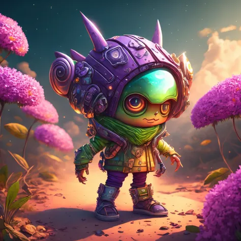 An ultra-detailed, realisitic, and adorable cute alien character is depicted in this artwork. The character is small and has a friendly and adorable appearance. The Alien is set in a purple-colored world filled with abundant exotic vegetation. The art styl...