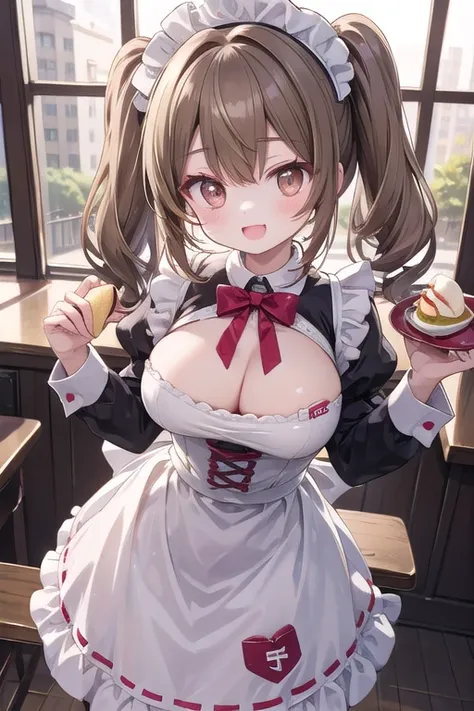 Solo Girl, 16 years old,, Twin tail hair, Light brown hair, Brown eyes, Center of chest, Highest quality, High resolution, Very detailed, Detailed Background, Perfect lighting、Inside the maid café、Are standing,Holding an omelet,Put on the table,Cute maid o...