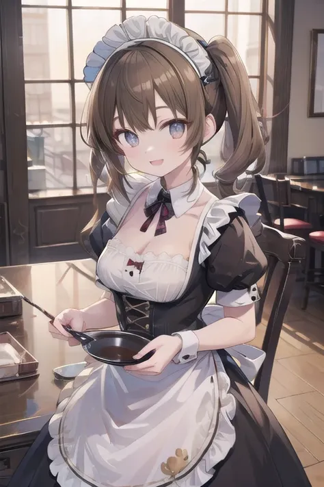 Solo Girl, 16 years old,, Twin tail hair, Light brown hair, Brown eyes, Center of chest, Highest quality, High resolution, Very detailed, Detailed Background, Perfect lighting、Inside the maid café、Are standing,Holding an omelet,Put on the table,Cute maid o...