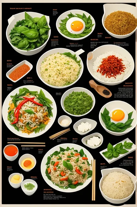 infographics, simple illustrations woodcut style
stir-fried rice with basil, minced pork and fried egg
1. prepare the ingredient...