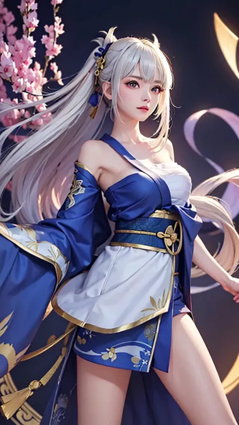 (masterpiece, best quality, dutch angle)(1girl, solo)(white hair,Lapis Lazuli Eyes,Straight long hair)(sarashi,japanese clothes,one shoulder、Wear one kimono:1.4、Black long kimono、One shoulder exposed)(Serious expression, Woman holding a sword:1.3、floating ...