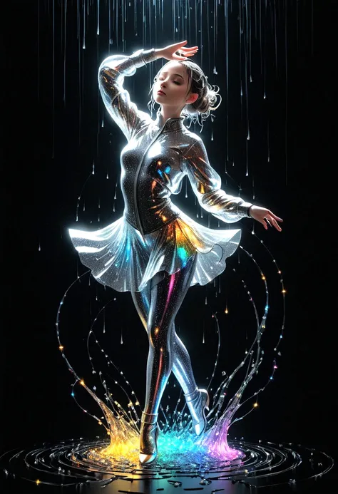 Dynamic representation,  dance girl with Dynamic pose in three-dimensional light style of glassy translucence outfit , part of the outfit is Decomposing into light particles and flowing to the top,black background, powerful dynamic composition， v-Ray traci...