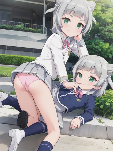 Highest quality,masterpiece,2person,hetero,Outdoor,((School building)),1girl,Green Eyes, Grey Hair, hair ornaments, bangs, Virtual YouTuber, blunt bangs, Double Bang, Animal ears, Flat Chest,uniform,Navy Blue Blazer,White shirt,Pink ribbon,Grey Skirt,Pink ...