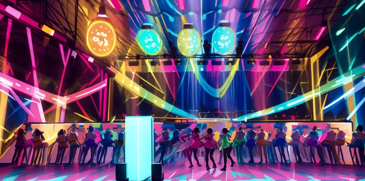 a lively and vibrant dance hall filled with people dancing joyfully under colorful lights. the atmosphere is electric, with neon...