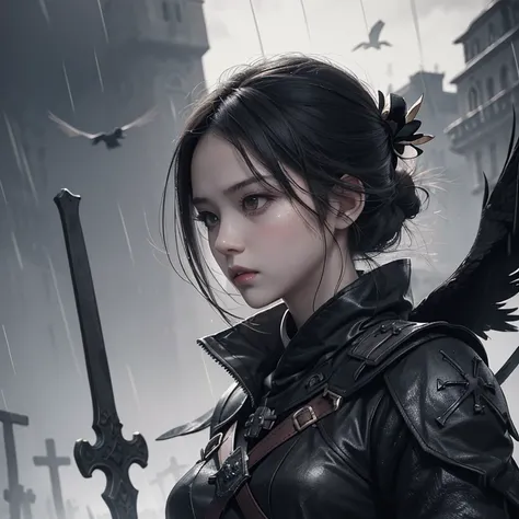 Girl, princess, bows to the cross, many crosses, crows circling, rain, fragments of weapons, swords, haze, photoshop image, WLOP style, Wang Lin style, cold tonality of the image, high detail, complex angle, dark background
