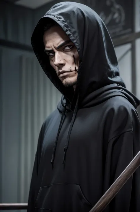 dark fantasy anime, grim reaper, best quality, close-up upper body, focus on face, skull, black hoodie, horrific atmosphere, san...