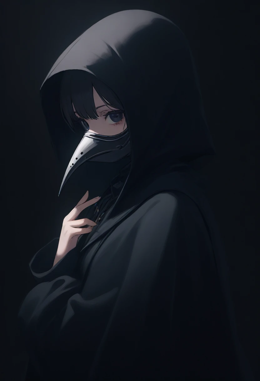 , girl, close up, dark background  , awesome costume , plague-doctor costume, randome pose