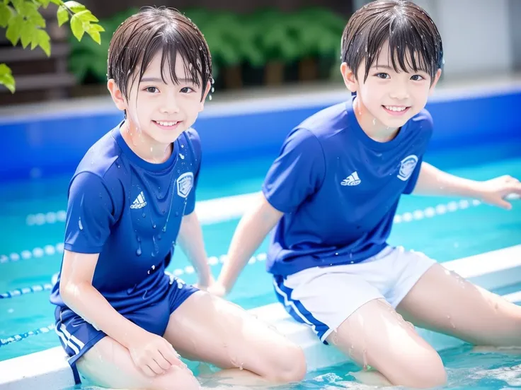 Summer vacation elementary school、Summer swimming pool、Get wet all over、Japan Boy、Glowing water splashes、Water drips all over the body、Boy playing in water、The happy boys、hot day、Strong sunlight、Short sleeve gym uniform、Blue shorts、barefoot，Boys only 、１０ag...