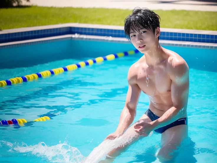 Sultry summer、primary school、Summer swimming pool、Get wet all over、Japan Boy、Glowing water splashes、Beautiful boy&#39;s skin、Boy playing in water、The happy boys、Strong sunlight、Short sleeve gym uniform、Blue shorts、barefoot，Boys only 、１０age、high resolution、...