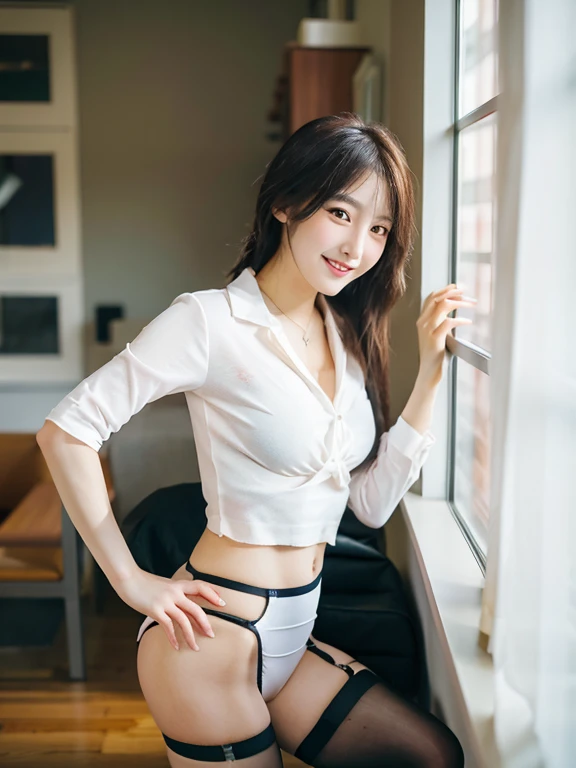 A 23-year-old woman wearing a daring miniskirt in a luxurious room, Rear View, Bold Pose，Office Suits, Black Stockings, garter belt, No bra and white blouse, Choker Necklace, smile,Young and cute gravure idol, Young Gravure Idol, Young and sexy gravure ido...