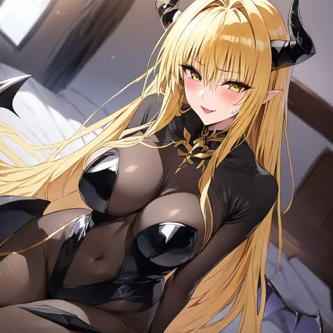 ((Highest quality)), ((masterpiece)), (detailed), （Perfect Face）、The woman is a naked demon queen, Devil Queen Tiare, wearing a shiny black full-body bodysuit decorated with gold, a sexy female demon, Devil Queen Tiare.、The woman is a female demon with mag...