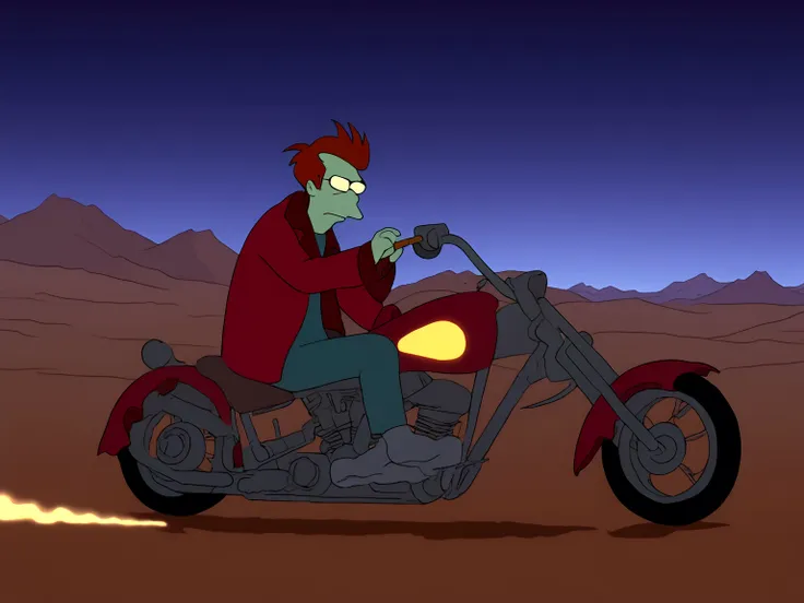 terezi pyrope smoke cigar riding motorcycle on desert, futurama style